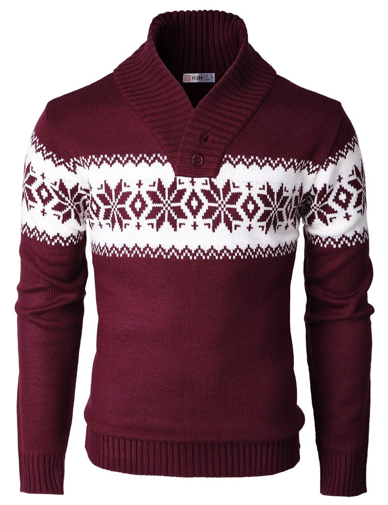 H2H Mens Casual Slim Fit Shawl Collar Pullover Sweater with Snowflake Pattern Wine US M/Asia L (KMOSWL0102) - Image 3